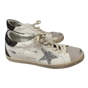 Golden Goose Superstar Sneaker White Distressed Leather Glitter Heel Womens 43